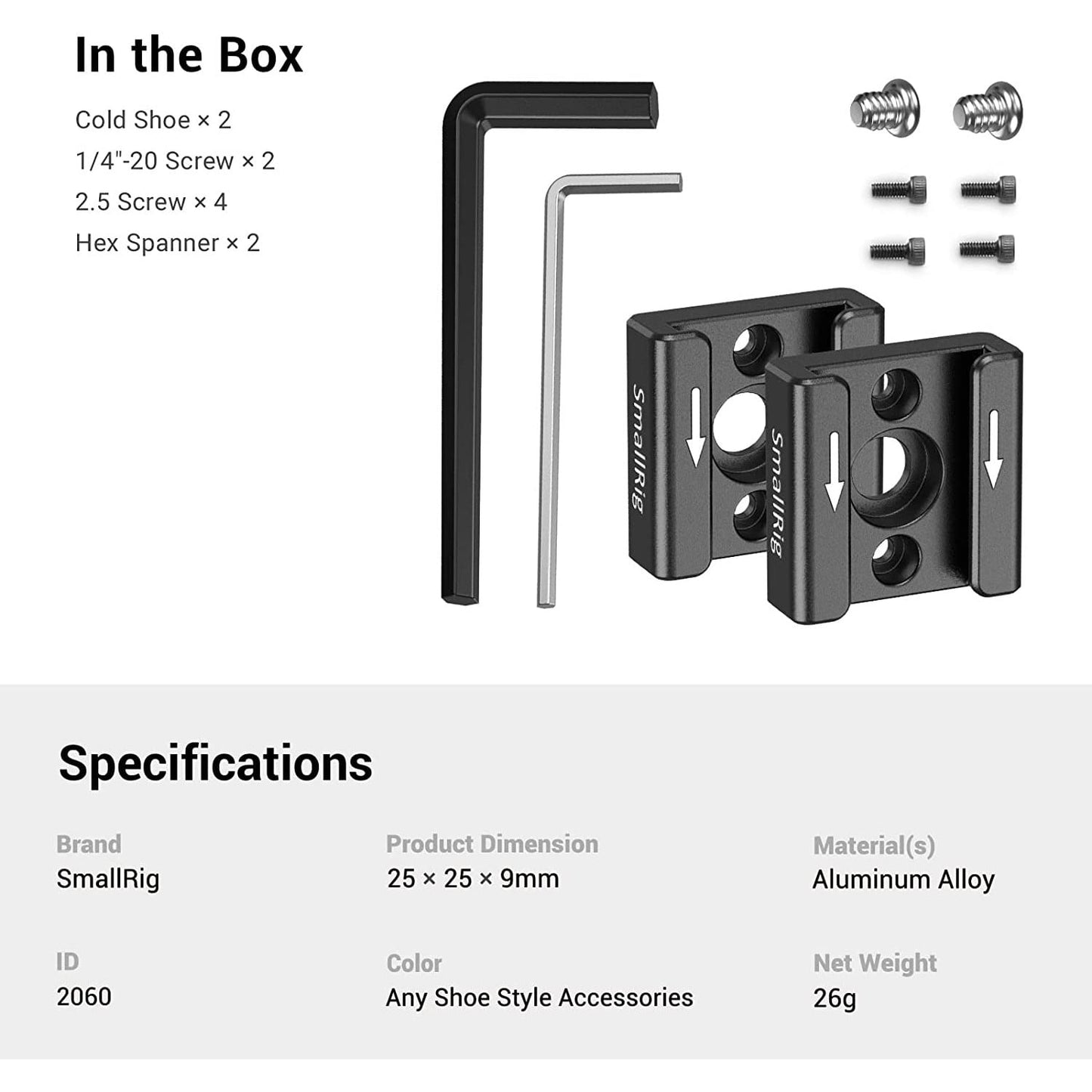 Set 2 adaptor cold shoe cu filet de 1/4 inch, imbusuri, suruburi 1/4 inch si suruburi 2.5, pentru camera cage, blit, monitor, trepied, camera video DSLR, Smallrig 2060