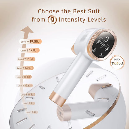 Epilator laser IPL, cu 999.999 de impulsuri luminoase, 3 moduri functionale HR/SC/RA, 9 intensitati, rapid, regenerare piele si indepartare acnee, Aminzer