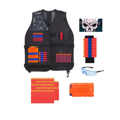 Set vesta compatibila Nerf N-Strike cu 50 sageti de burete, ochelari de protectie, incarcator, esarfa si bratara, sageti rosii