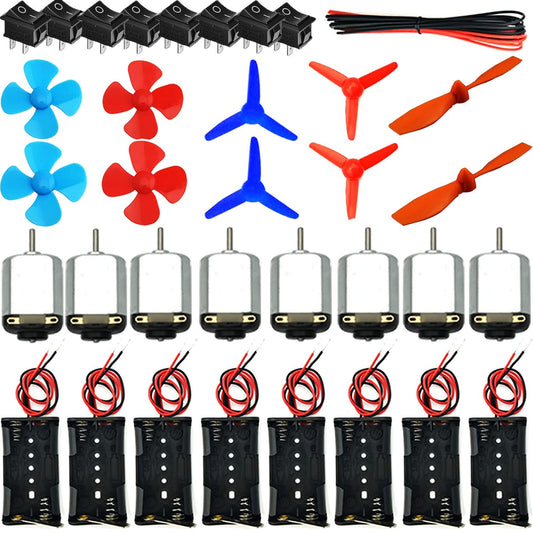 Set de 8 motor DC 1.5V-3V, 15000-16500 RPM, cu 8 carcase cu suport baterie AA si conectori, 8 intrerupatoare, elice, cablu 22AWG de 1m, pentru jucarii, experimente, R684