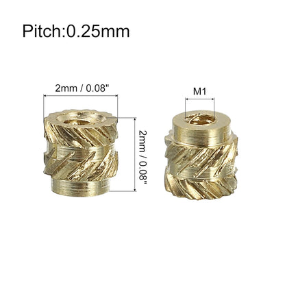 Insertii filetate din alama QUARKZMAN M1 x 0.25, 2 x 2 mm, set 100 buc, piulite termofixabile pentru imprimare 3D, insertii cu topire la cald, filet metric interior, montaj prin ultrasunete si injectie plastic, alama rezistenta la coroziune
