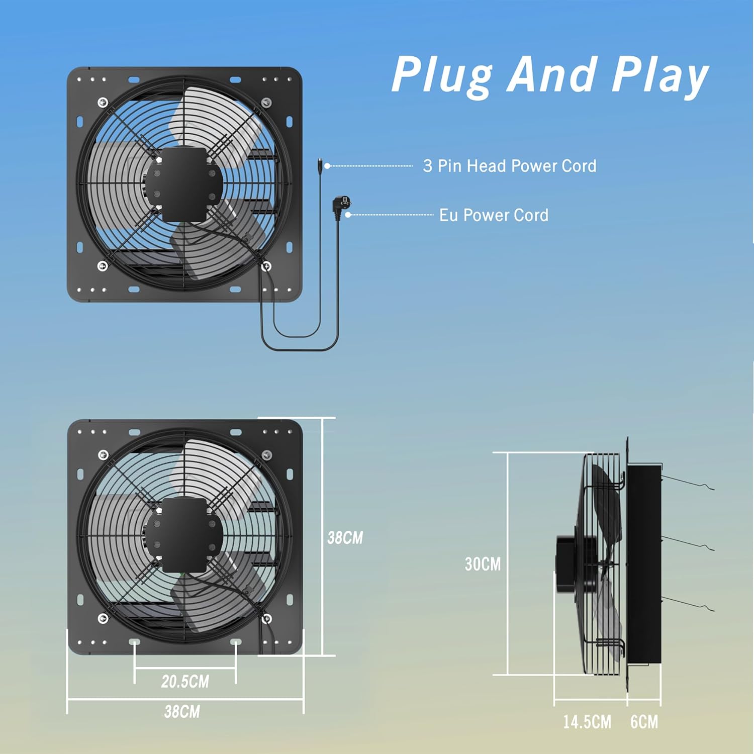 Ventilator industrial axial Aygrochy 300 mm, motor EC 40W, debit aer 1630 m³/h, cu reglaj al vitezei in 9 trepte, montaj perete/fereastra, pentru garaj, pod si bucatarie, zgomot redus 42 dB, clasa energetica A