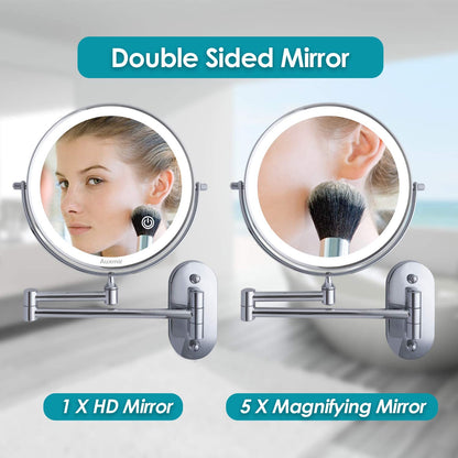 Oglinda cosmetica iluminata LED, 1X-5X, cu brat pliabil, fara fir, cu 4 baterii AAA, buton tactil, rotativa 360°, cu 2 fete