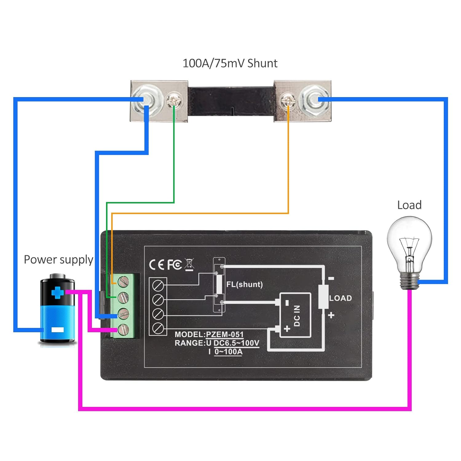 Panelmetru combinat, Wattmetru digital de panou, cu Voltmetru, Ampermetru, cu Shunt, DC 0 - 100V si 0 - 100A, negru