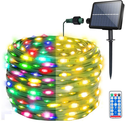 Ghirlanda luminoasa LED de 30 m cu panou solar, cu telecomanda, 8 moduri iluminare, impermeabila IP 65, lumina alba sau colorata, pentru decorare casa, gradina