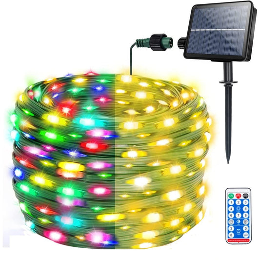 Ghirlanda luminoasa LED de 30 m cu panou solar, cu telecomanda, 8 moduri iluminare, impermeabila IP 65, lumina alba sau colorata, pentru decorare casa, gradina