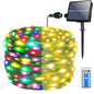 Ghirlanda luminoasa LED de 30 m cu panou solar, cu telecomanda, 8 moduri iluminare, impermeabila IP 65, lumina alba sau colorata, pentru decorare casa, gradina