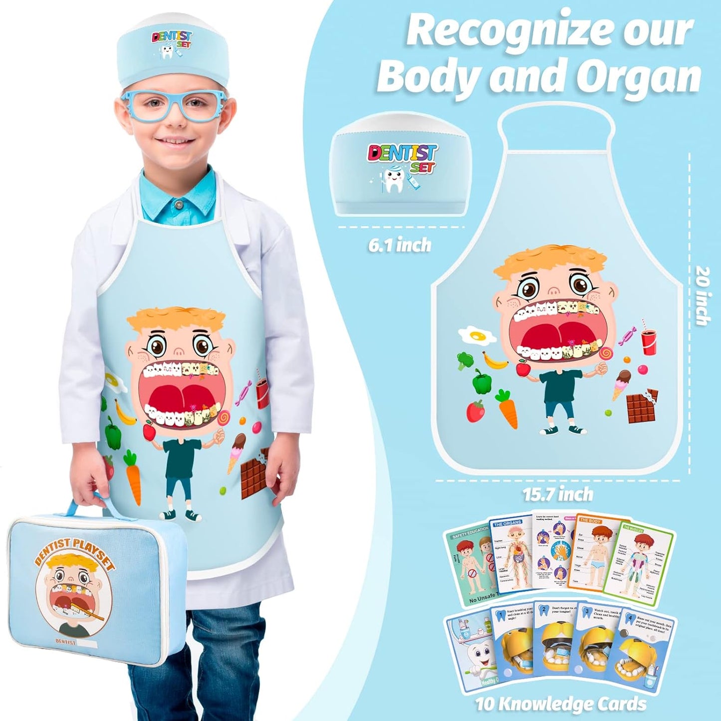 Trusa medicala de jucarie, set dentist cu geanta, termometru, stetoscop, ochelari, sort, model cu dinti, reflector, lanterna, masca, jucarie de rol, pentru copii peste 3 ani