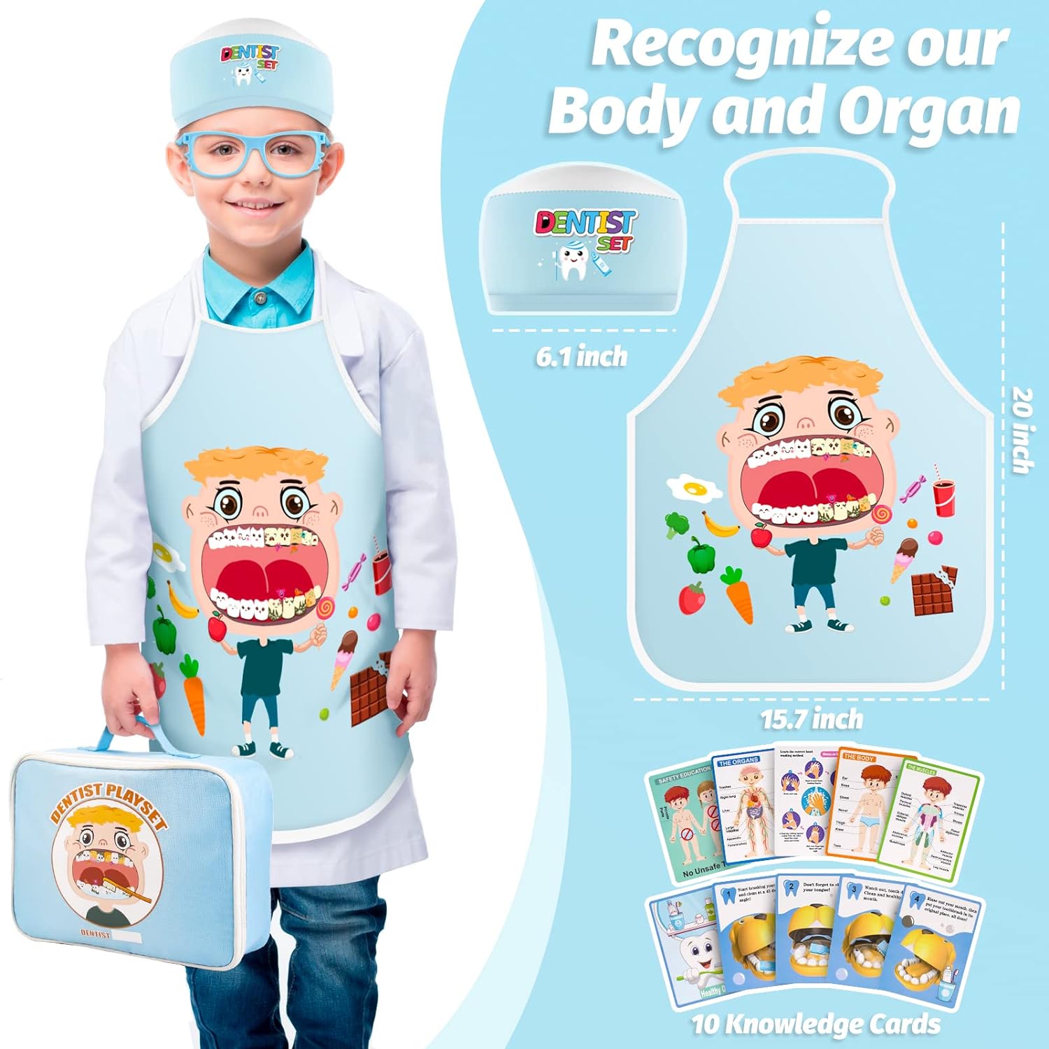 Trusa medicala de jucarie, set dentist cu geanta, termometru, stetoscop, ochelari, sort, model cu dinti, reflector, lanterna, masca, jucarie de rol, pentru copii peste 3 ani