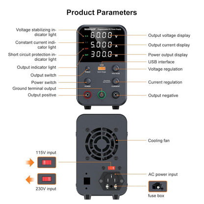 Sursa de alimentare de laborator 0-60 V, 0-5 A, 300 W, cu display LED, ventilator de racire, functie protectie supracurent (OCP), cu port USB 18 W, stabilizare voltaj si curent, CV/CC