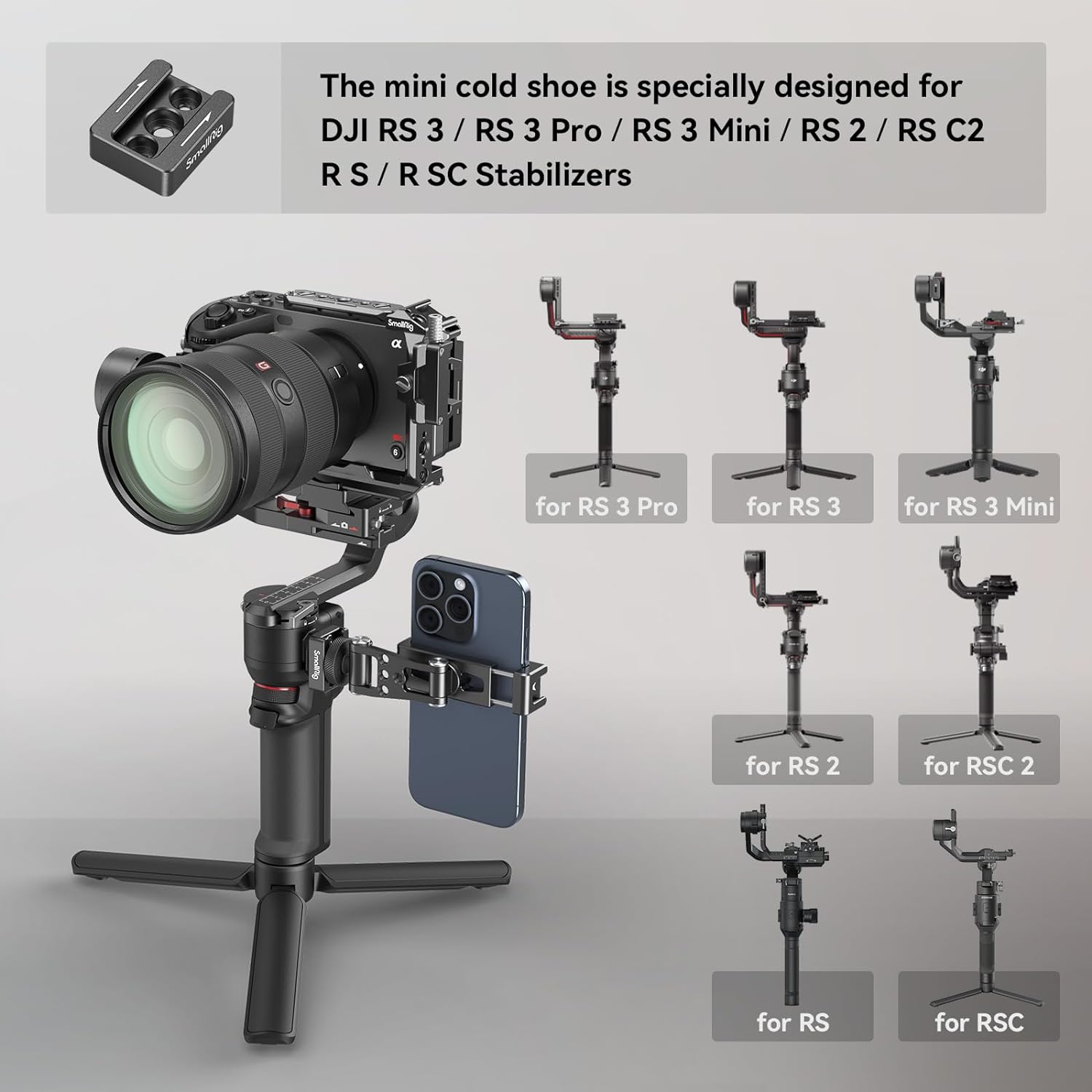Suport telefon pentru sistem de stabilizare DJI RS, din metal, cu suport cold shoe si suruburi M4, reglabil, adaptor smartphone pana la 88 mm latime