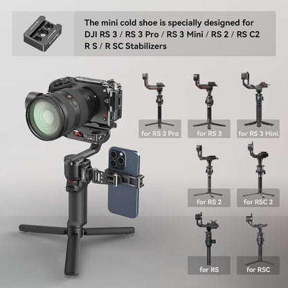 Suport telefon pentru sistem de stabilizare DJI RS, din metal, cu suport cold shoe si suruburi M4, reglabil, adaptor smartphone pana la 88 mm latime