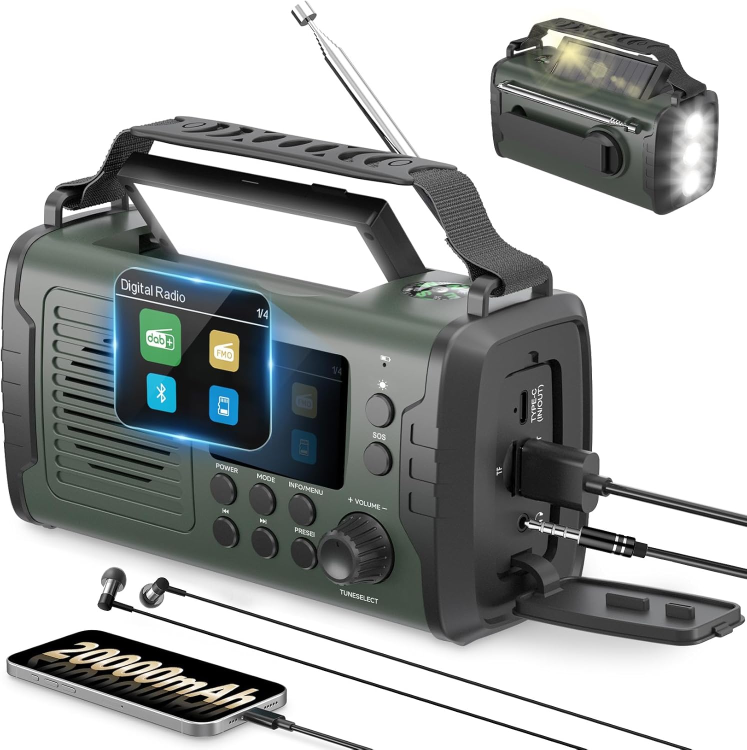 Radio de urgenta DAB/FM, 20000 mAh, manivela si panou solar, Bluetooth, powerbank, AUX, lanterna LED, alarma SOS, busola, ceas, incarcare USB, verde