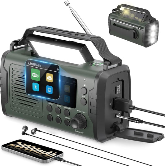 Radio de urgenta DAB/FM, 20000 mAh, manivela si panou solar, Bluetooth, powerbank, AUX, lanterna LED, alarma SOS, busola, ceas, incarcare USB, verde
