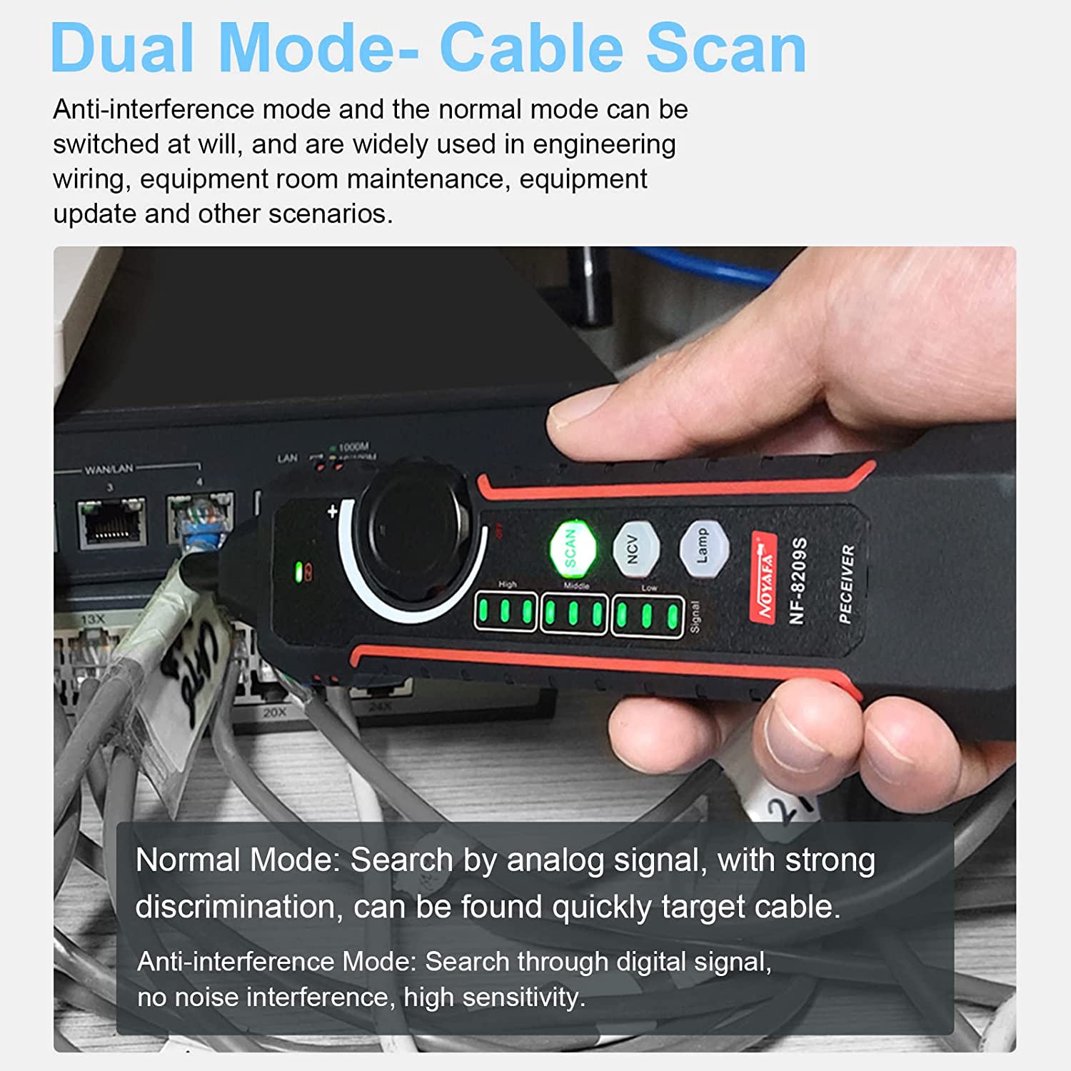 Tester cablu de retea, cu PoE si NCV, test de lungime a cablului UTP CAT 5/ CAT 6, display LCD, incarcare USB-C, lanterna LED si mufa jack