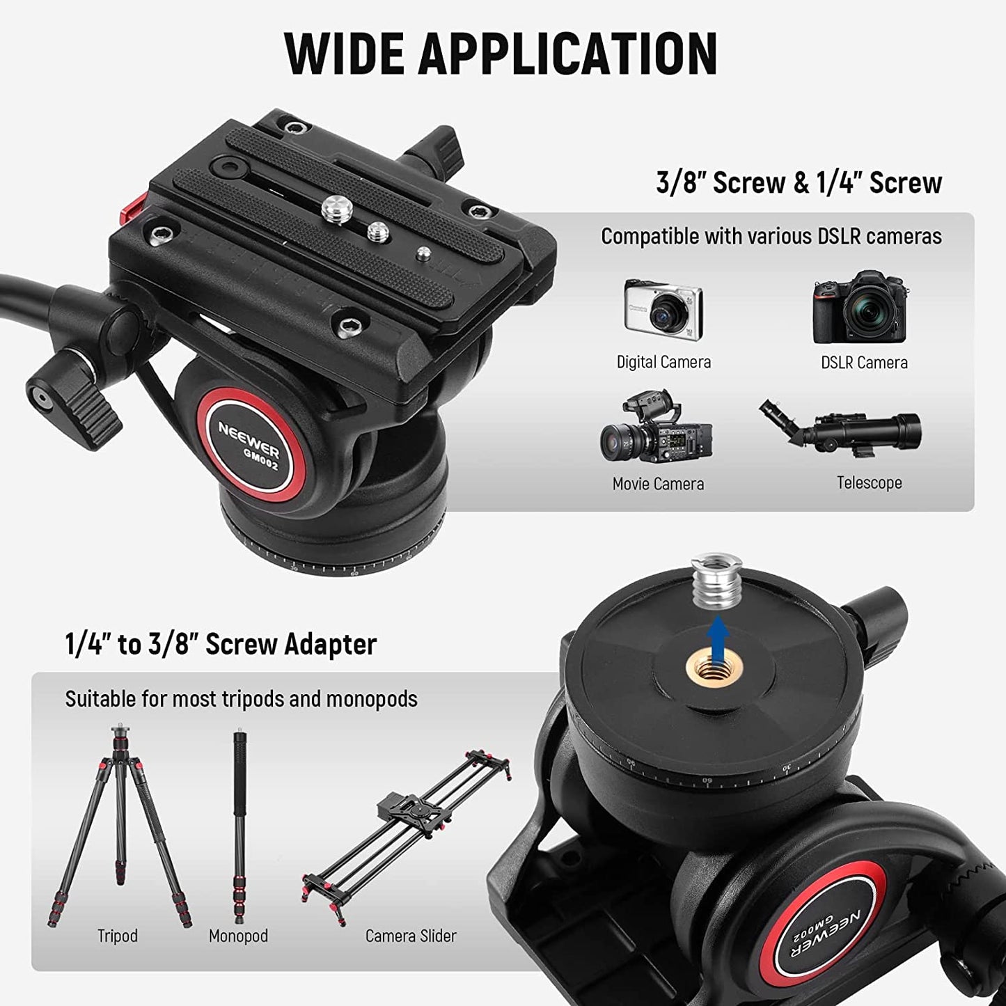 Cap video fluid pentru trepied, monopied sau slider, cu placa eliberare rapida, maner telescopic, baza gradata pentru panorama, pentru camere video, Neewer GM002