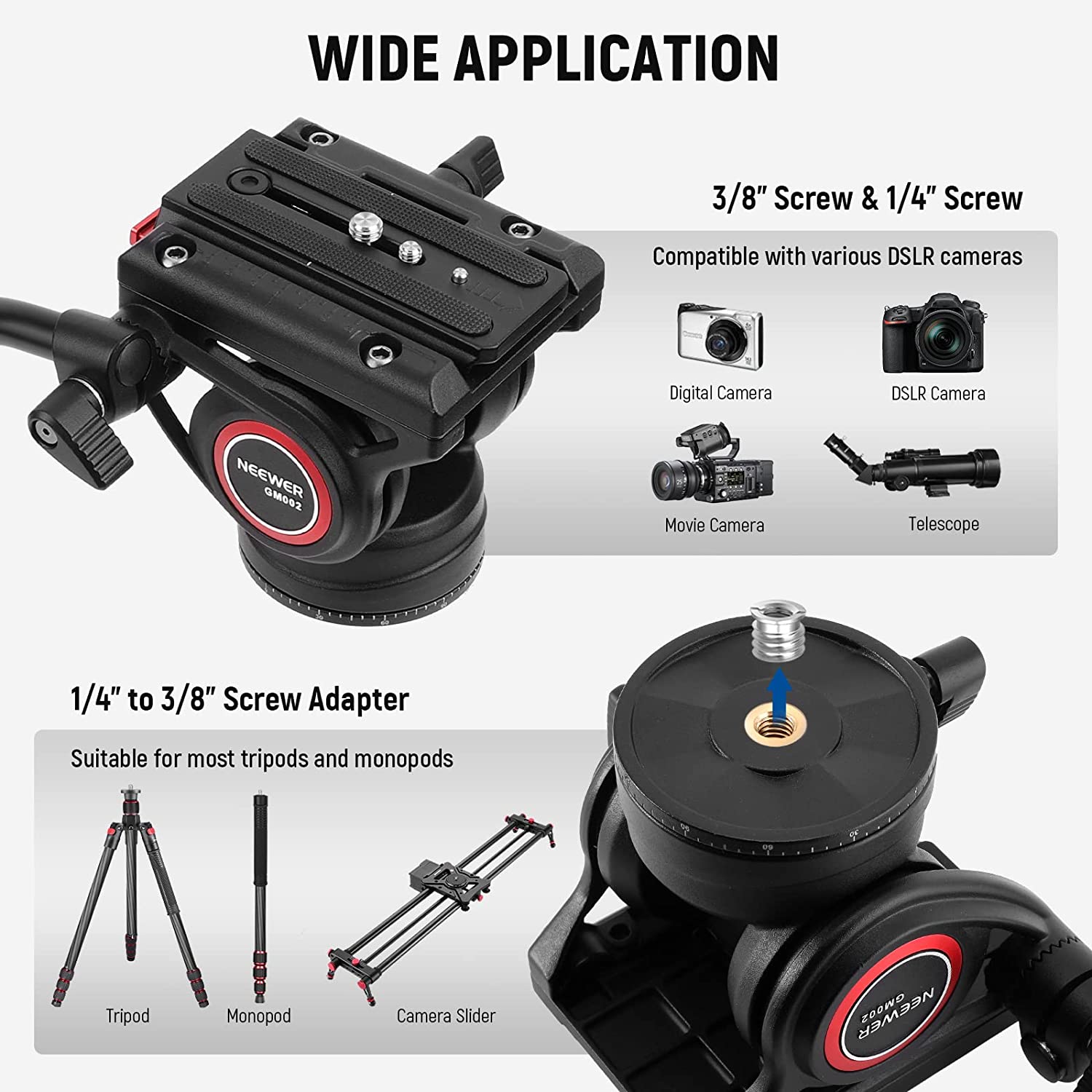 Cap video fluid pentru trepied, monopied sau slider, cu placa eliberare rapida, maner telescopic, baza gradata pentru panorama, pentru camere video, Neewer GM002