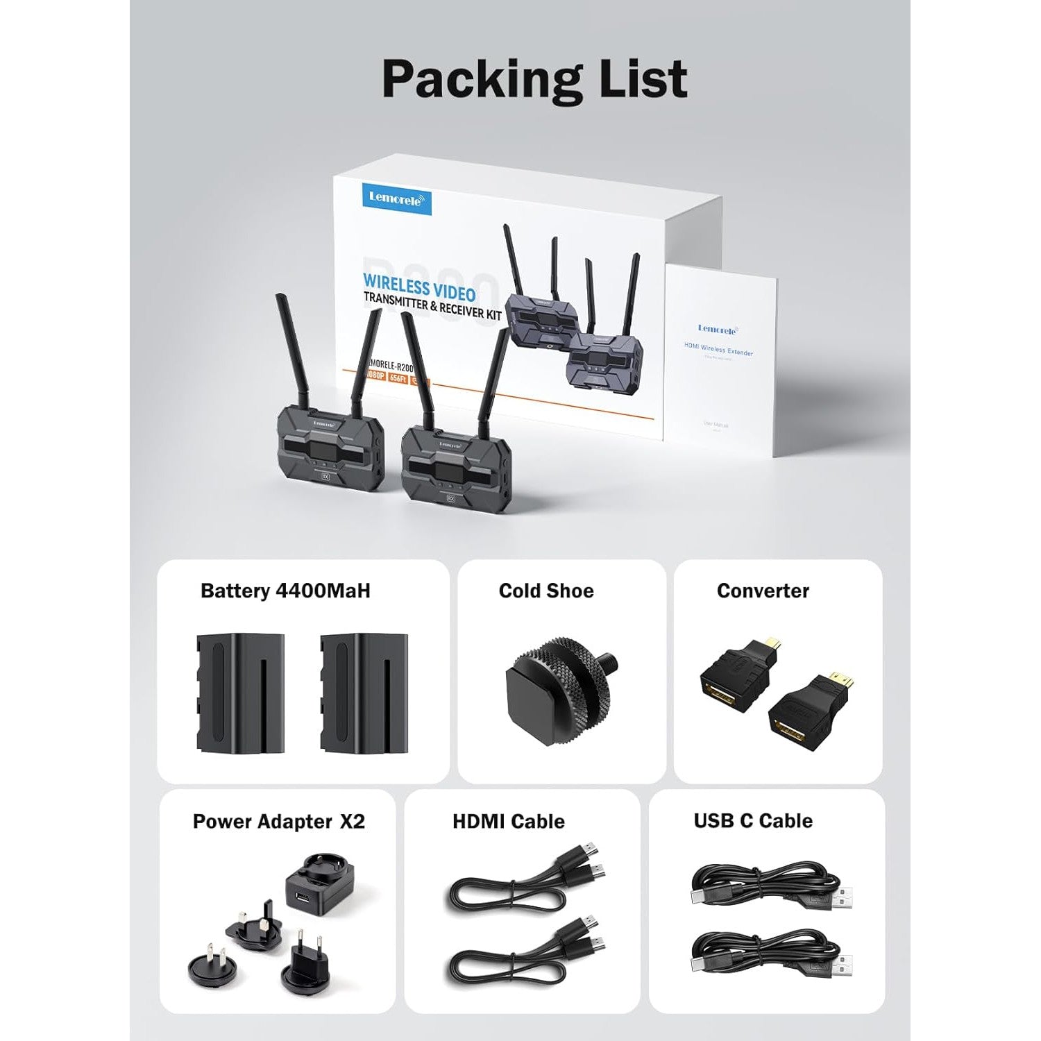 Set Extender HDMI Wireless 5G, FullHD 1080P, Transmitator cu functie Loop si Receptor, Ecran OLED, cu 2 acumulatori 4400mAh, compatibil cu baterii NP-F970/750/550, latenta scazuta, pana la 200 m, Lemorele