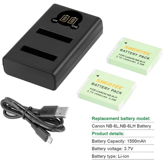 Set 2 acumulatori NB-6L, NB-6LH de 1500mAh cu incarcator dublu LCD USB pentru Canon PowerShot SX530HS, SX710HS, SX610HS, SX700HS, SX600HS, D30, S120, S200, SX510HS, 110 is, IXY 10S