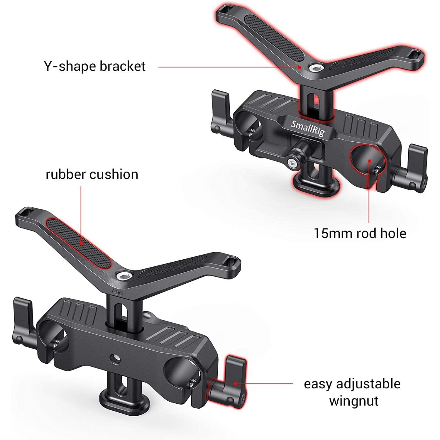 Montura suport obiectiv in forma de Y, reglabil pe inaltime, compatibil cu tije de 15 mm, cu protectie din cauciuc, Smallrig BSL2680