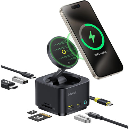 Statie de andocare 7 in 1 cu incarcator wireless Magsafe Qi2 15W, port HDMI 4K @ 60Hz, USB-C 100W PD, USB A 3.2 10 Gbps, slot card SD/TF, compatibil cu iPhone 16/15/Mac/Dell/HP/Surface