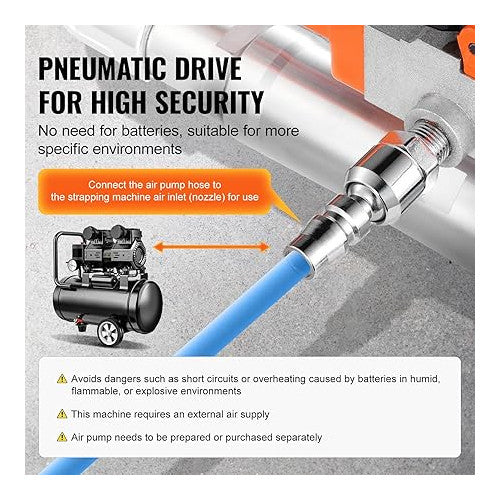 Aparat pneumatic de legat banda PP/PET, latime 12, 7-19 mm, forta mare intindere 3500N, presiune 0, 5-0, 8 MPa, pentru hartie, aluminiu, otel, lemn, fibre chimice, bumbac, panouri din lemn, marmura, caramizi