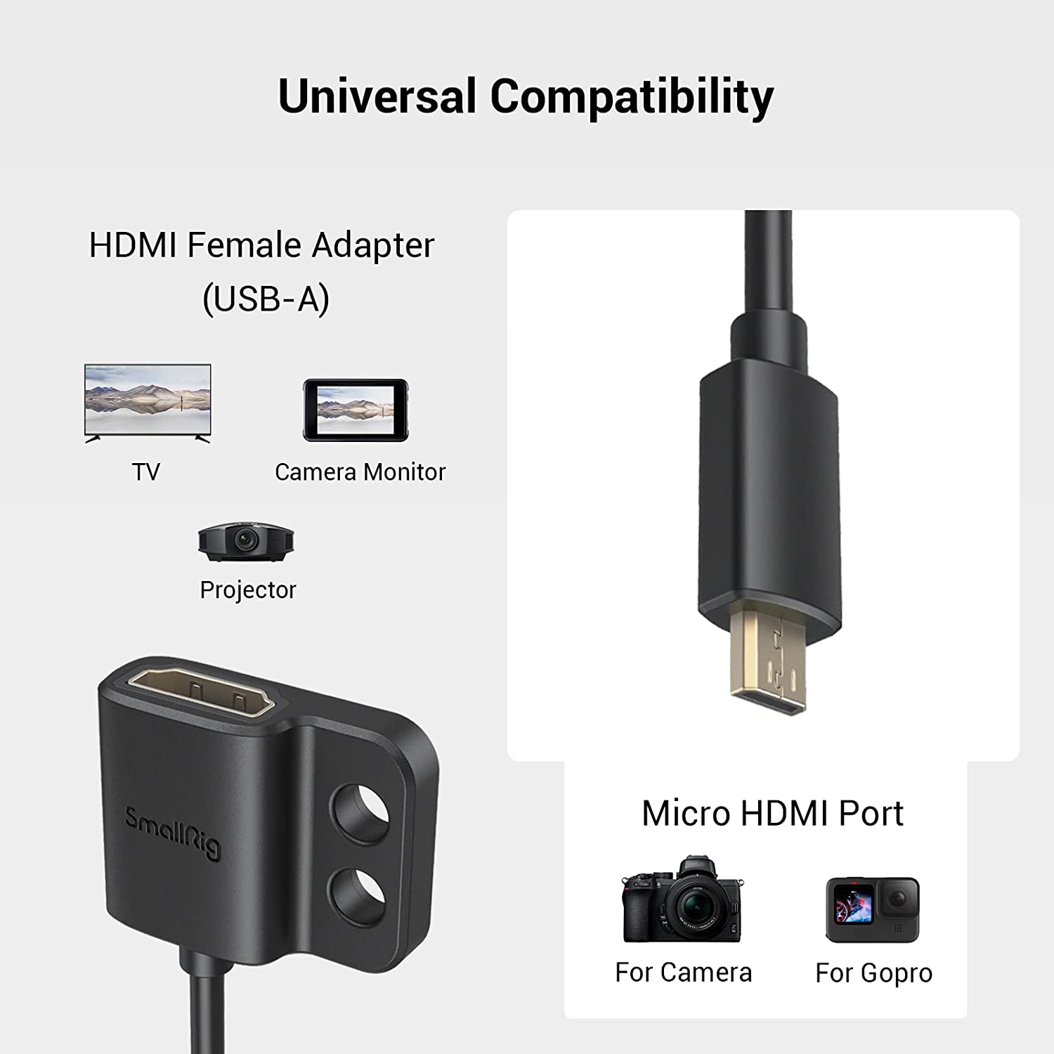 Adaptor de la cablu HDMI micro tata la HDMI mama, de la D la A, cu 2 suruburi 1/4 inch, pentru camere cu port micro HDMI, Sony A7R IV, A7RIII, A7III, A7II, A7RII, Fujifilm X-T2, X-T3 Smallrig 3021