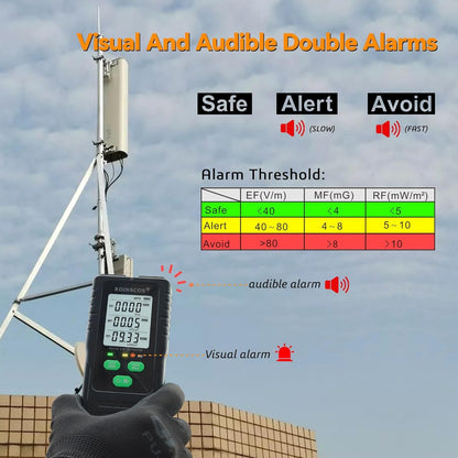 Detector radiatii electromagnetice EMF, MF, RF, digital, cu display LCD iluminat, alarma automata, pentru acasa, birou, in aer liber