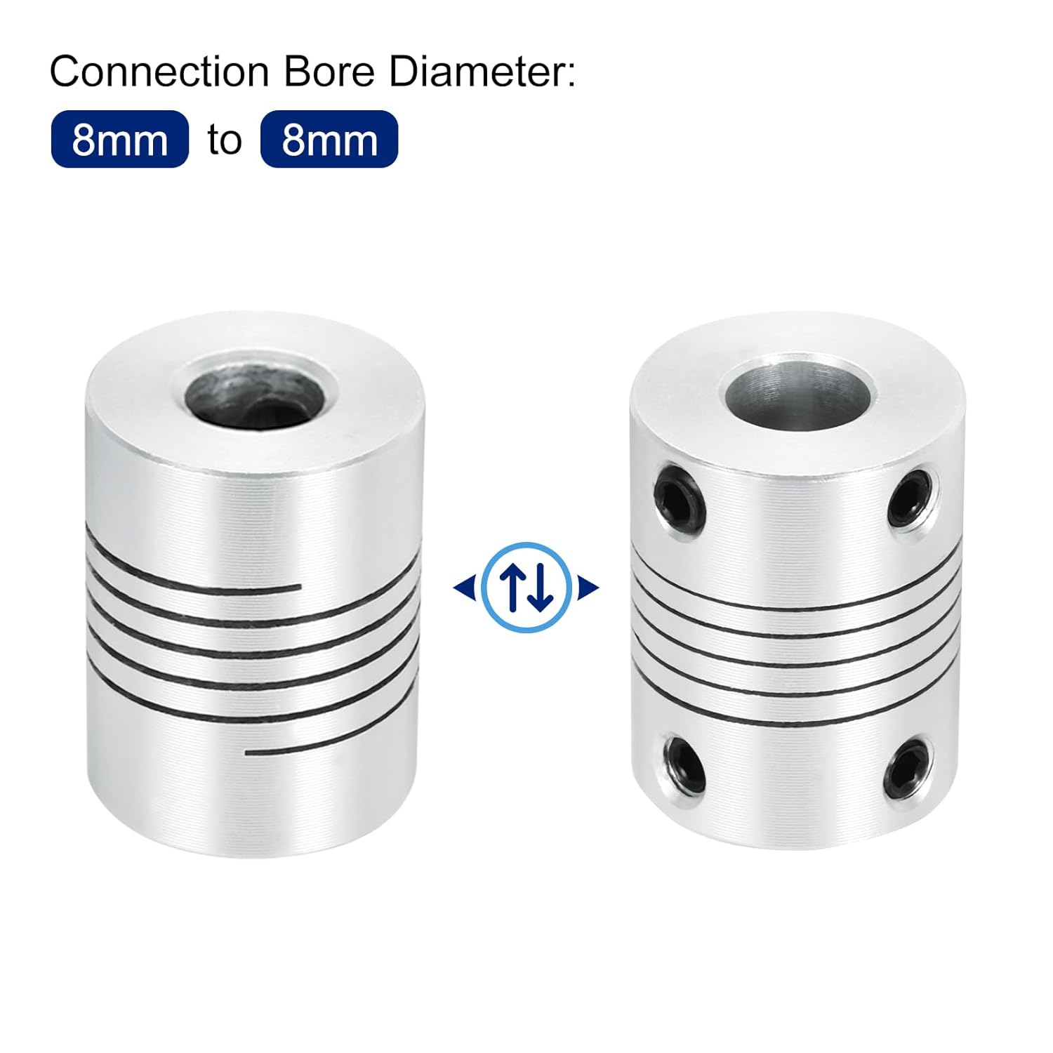 Set de 4 cuplaje flexibile Ax QUARKZMAN 8 mm la 8 mm, aluminiu, L25xD19mm, tip arc (Helical), amortizare vibratii, pentru motor pas cu pas NEMA, imprimanta 3D, CNC, encoder, conector arbore, argintiu