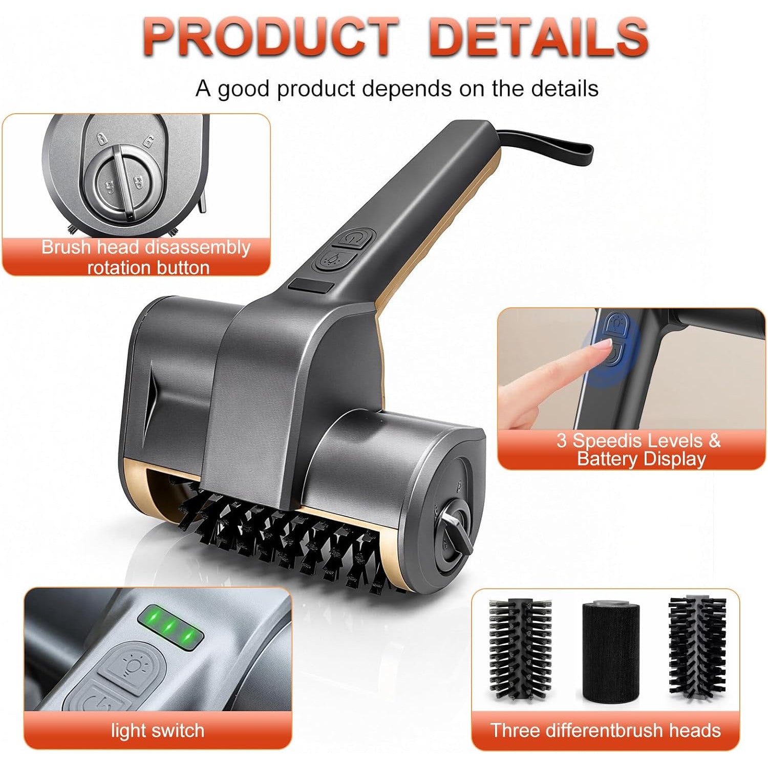 Perie electrica pentru curatat gratare, 3 Viteze, 3 capete de perie detasabile, motor puternic, baterie autonomie pana la 150 minute, IPX4 waterproof, peri otel inoxidabil 304, compatibil gratare gaz, carbune, fonta si ceramica