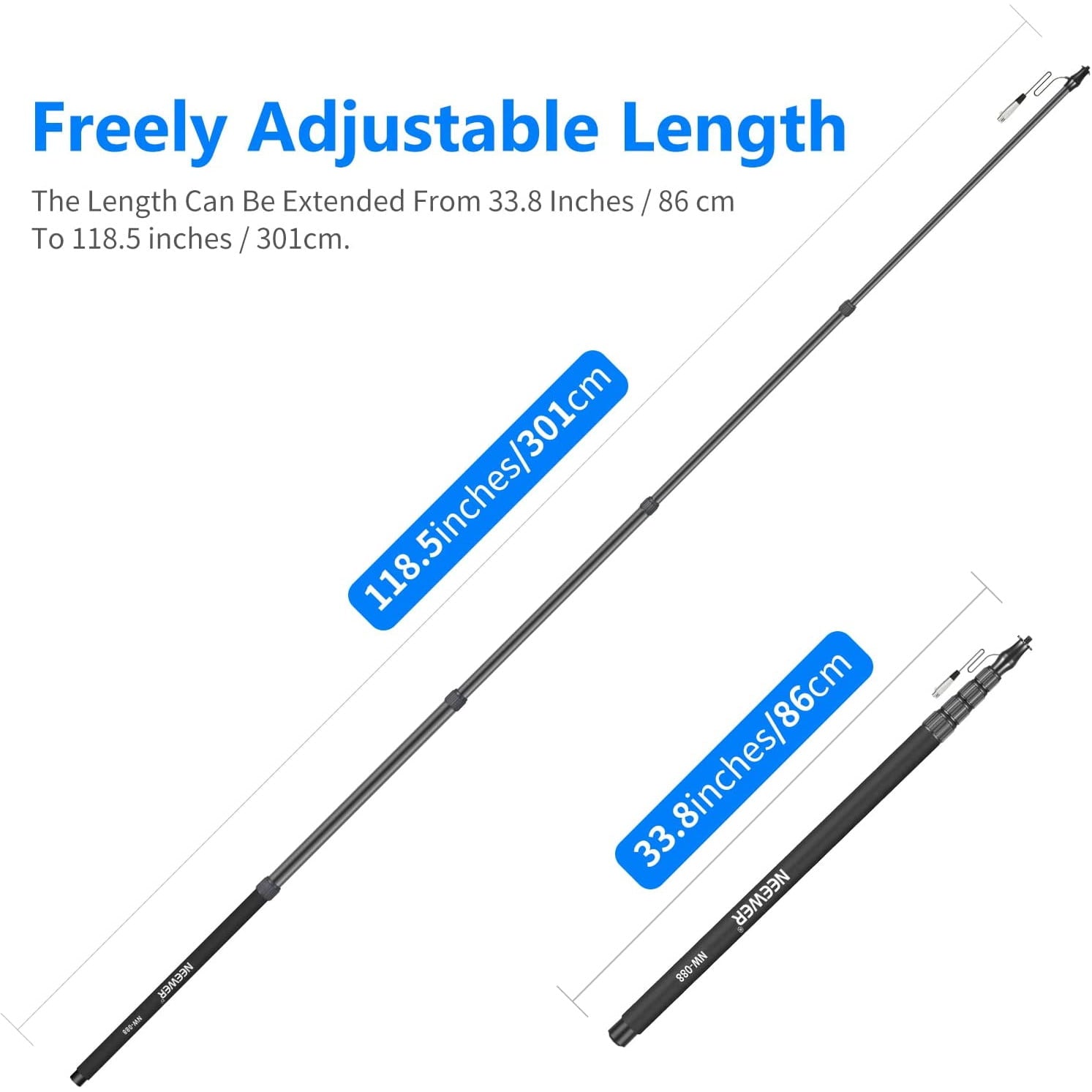 Suport pentru microfon, brat telescopic cu cablu XLR incorporat, de mana, extensibil 86-301 cm cu 5 segmente, blocare prin rasucire, maner din spuma, Neewer NW-088, negru