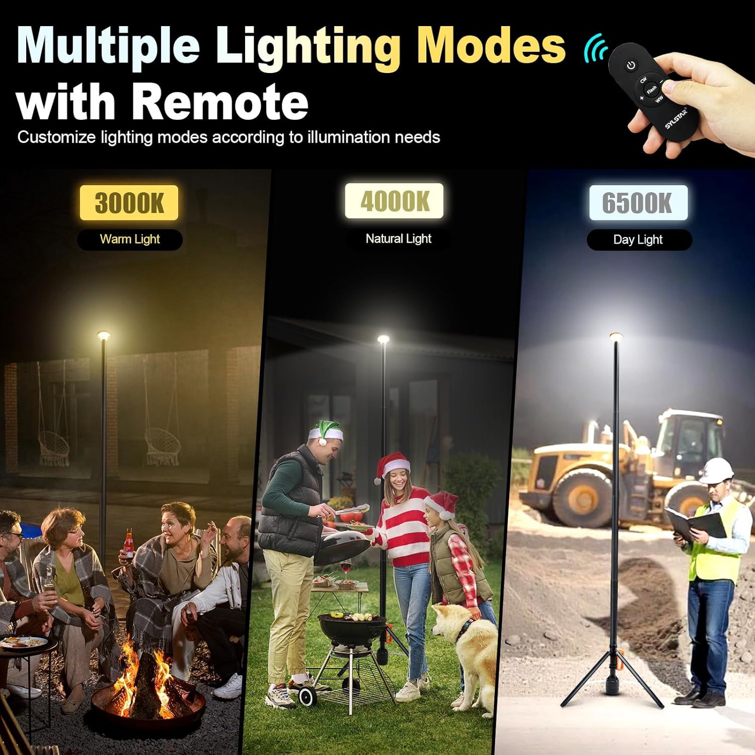 Lampa LED portabila SYLSTAR cu trepied telescopic 2.65m, 3000 lm, baterie 6000 mAh, telecomanda, 3CCT 3000K/4000K/6500K, reglaj luminozitate 10 trepte, autonomie pana la 48h, USB-C, iluminare pentru camping, outdoor si urgente, clasa energetica F