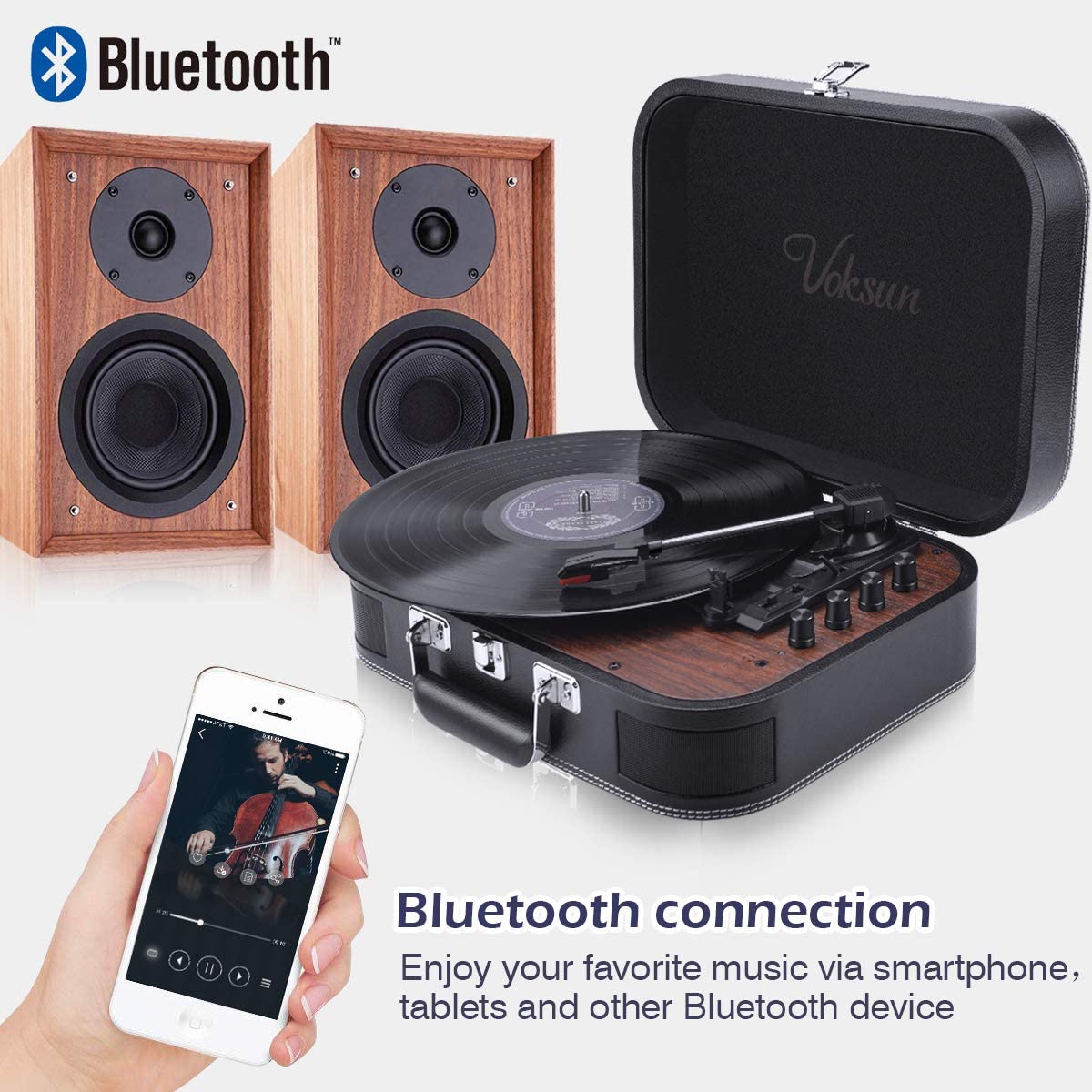 Pick-up Voksun, Bluetooth 5.0, Card SD, Aux, USB, difuzoare incorporate, 3 trepte de viteza, design tip servieta, negru