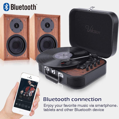 Pick-up Voksun, Bluetooth 5.0, Card SD, Aux, USB, difuzoare incorporate, 3 trepte de viteza, design tip servieta, negru