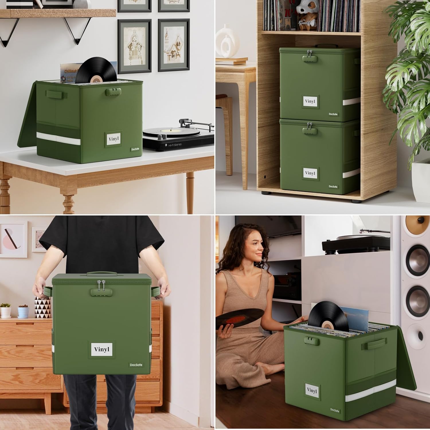 Cutie de depozitare ignifuga pentru discuri vinil, capacitate peste 100 LP-uri 12”, impermeabila, pliabila, cu incuietoare si fermoar, organizator pentru albume, CD-uri si documente, material rezistent pana la 1200°C, verde