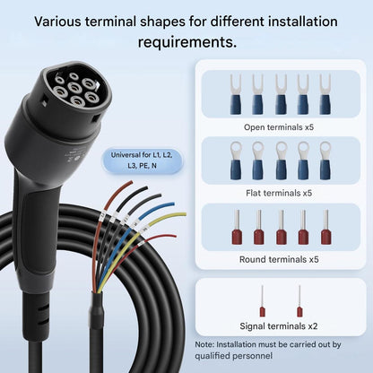 Cablu de incarcare pentru vehicule electrice Tip 2 IEC 62196-2, 11 kW, 16A, trifazat, 7.5 m, capat deschis pentru statie/Wallbox, IP55, Certificat CE & DEKRA, compatibil EV/PHEV