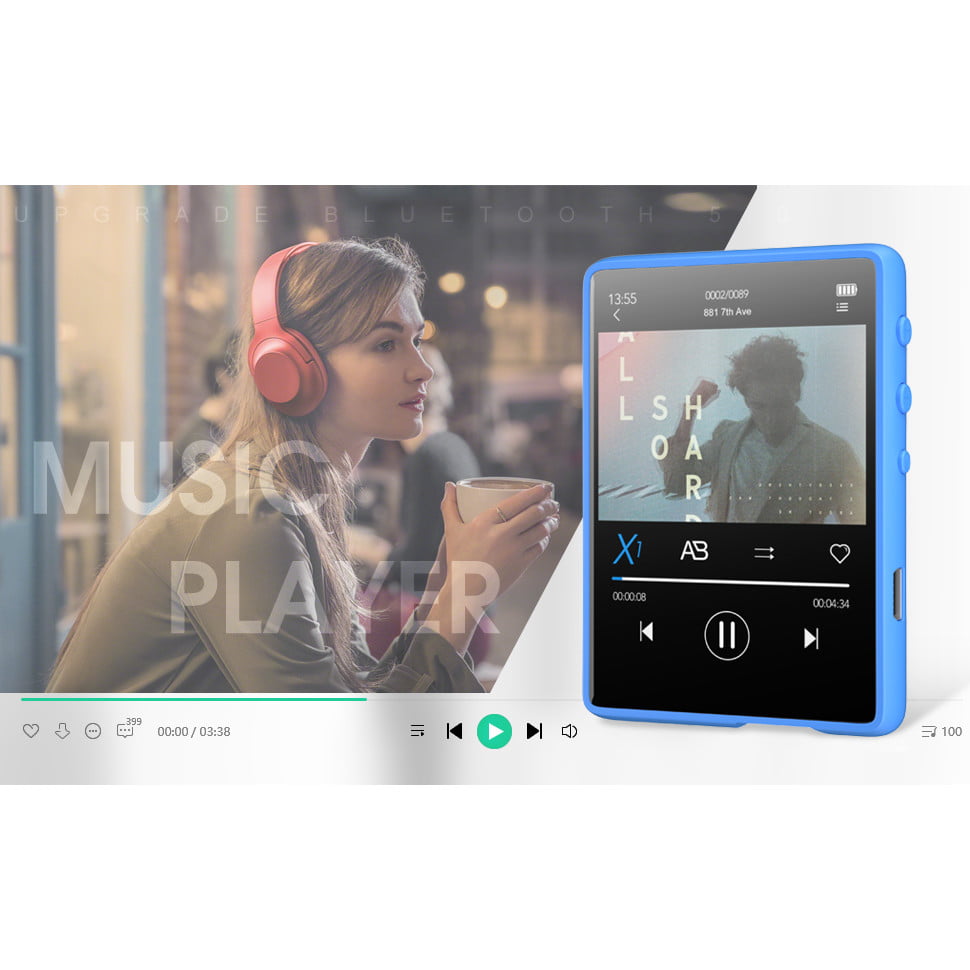 MP3 Player 32 Gb cu Bluetooth 5.0, touchscreen 2,4 inch, sunet HiFI, difuzor, Radio FM, portabil, accepta card pana la 128 Gb, albastru
