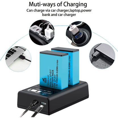 Set de 2 acumulatori 1300mAh LP-E17 si incarcator dublu cu display LCD, pentru Canon Rebel SL3, SL2, T8i, T7i, T6i, T6s, EOS M3, M5, M6, EOS 200D, 77D, 750D, 760D, 800D, 800D