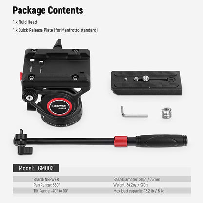 Cap video fluid pentru trepied, monopied sau slider, cu placa eliberare rapida, maner telescopic, baza gradata pentru panorama, pentru camere video, Neewer GM002
