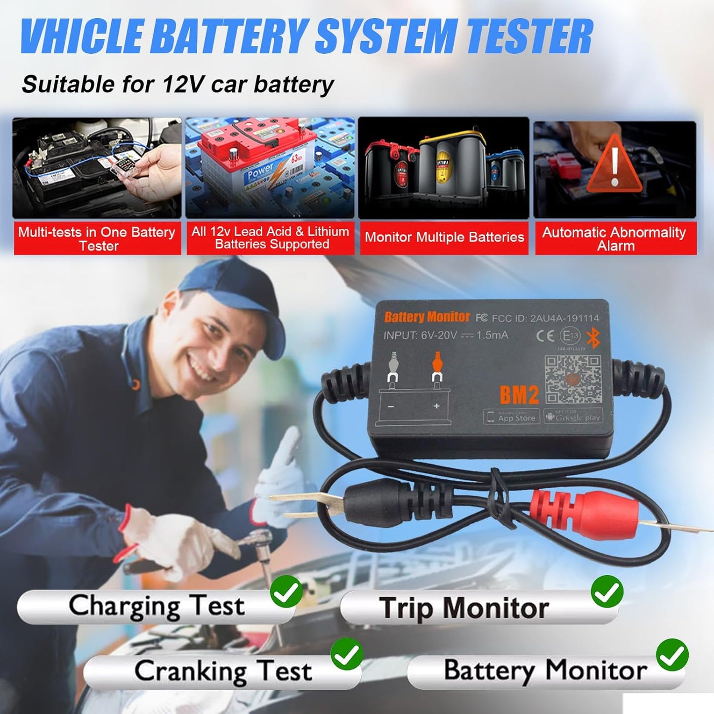 Tester baterie auto Bluetooth, dispozitiv monitorizare parametri baterie 12 V 100-2000 CCA, istoric masuratori, test pornire si incarcare, inregistrare timp clatorie, multifunctional