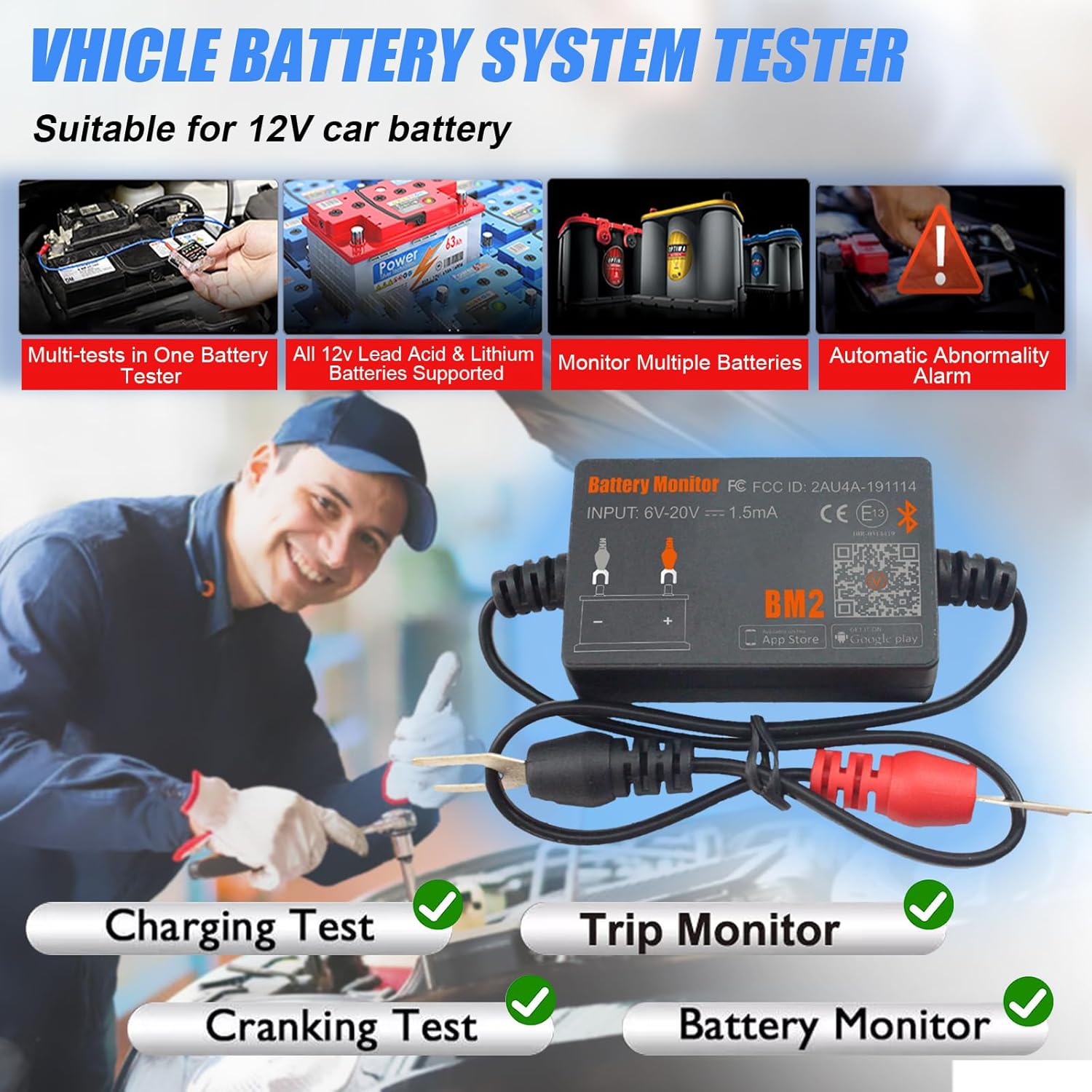 Tester baterie auto Bluetooth, dispozitiv monitorizare parametri baterie 12 V 100-2000 CCA, istoric masuratori, test pornire si incarcare, inregistrare timp clatorie, multifunctional