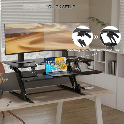 Suport de birou reglabil Bontec, 107x52.2cm, capacitate 15kg, arc dublu, reglaj inaltime 15–44 cm, pentru statie de lucru cu doua monitoare, negru