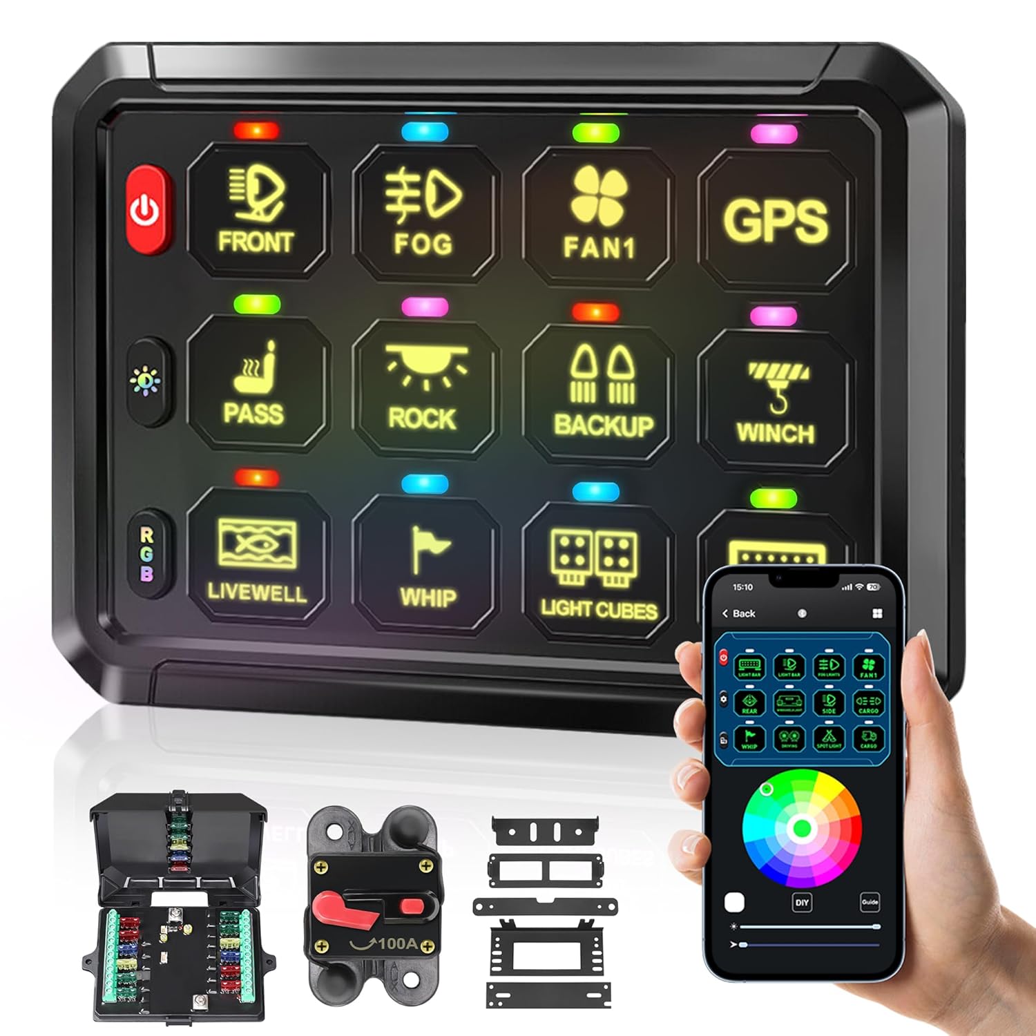 Kit panou comutator auto cu 12 butoane, 12-24V, LED RGB cu reglare automata, control prin aplicatie, moduri comutare, momentar, stroboscop, releu integrat, intrerupator ON/OFF 65A, Impermeabil IP65, pentru masina, camion, barca, SUV, Off-Road
