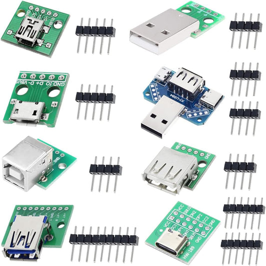 Kit adaptoare USB la DIP DAOKAI 8 piese, USB Type-C, USB Type-B, USB 2.0, USB 3.0, micro USB, mini USB, convertor 4-in-1, cu conectori pin 2.54 mm, pentru arduino si prototipare DIY