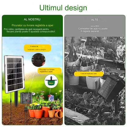 Kit sistem irigare prin picurare cu panou solar, cu 15 picuratoare reglabile, 12 moduri de temporizare, alimentare duala cu USB-C si panou solar, indicator nivel baterie, alerta lipsa apa, Helesin