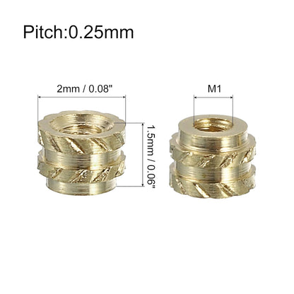 Insertii filetate din alama QUARKZMAN M1 x 0.25, 1.5 x 2 mm, set 100 buc, piulite moletate termofixabile, heat set inserts pentru plastic si imprimare 3D, filet metric interior, montaj prin caldura sau ultrasunete, rezistente la coroziune