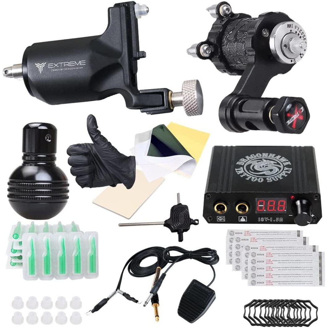 Set de 2 masini de tatuat cu sursa de alimentare, ace de tatuat, pedala, masini de tatuat rotative DragonHawk Extreme V2