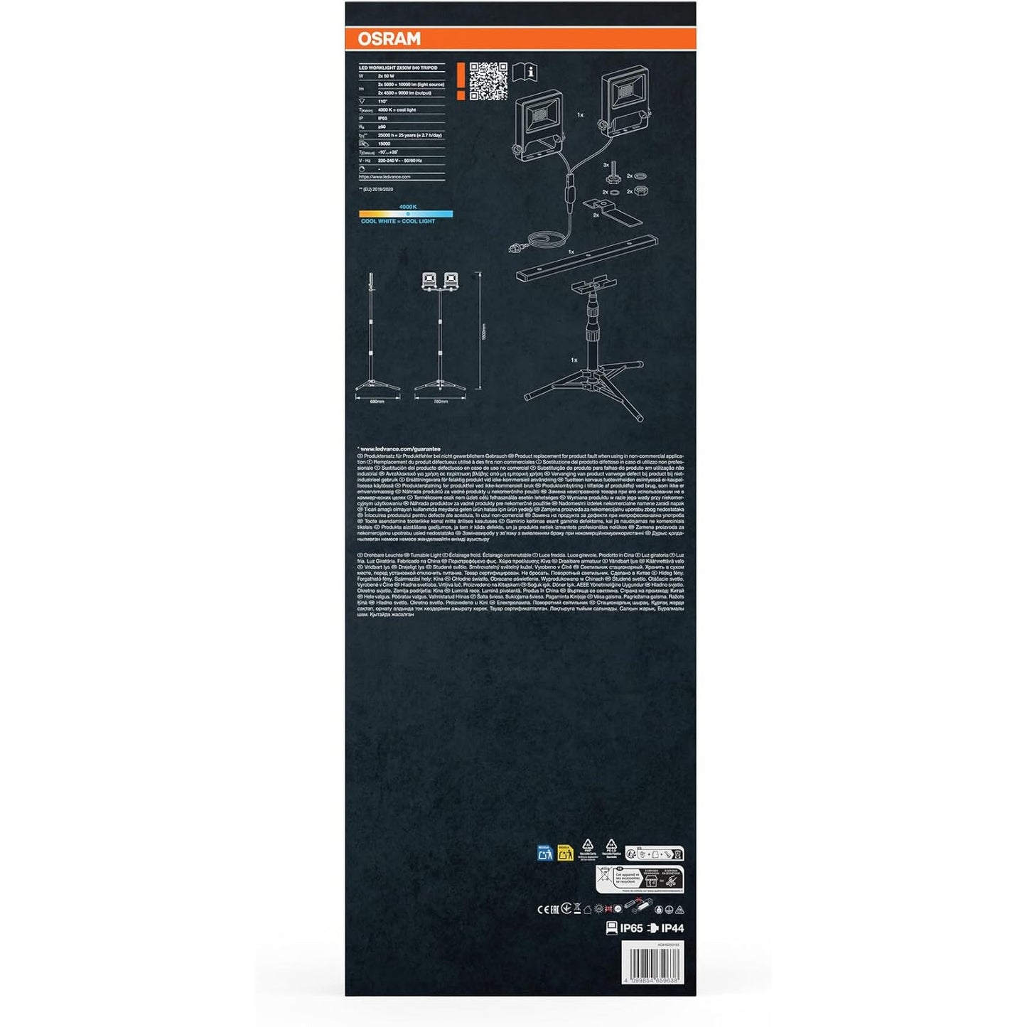 Proiector LED OSRAM cu trepied, 2 x 50W, 9000 lm, alb rece 4000K, CRI ≥80, inaltime reglabila pana la 1, 8 m, capete duble rotative 360°/180°, IP65, carcasa din aluminiu si otel, lumina puternica pentru santier, atelier si lucrari profesionale
