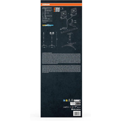Proiector LED OSRAM cu trepied, 2 x 50W, 9000 lm, alb rece 4000K, CRI ≥80, inaltime reglabila pana la 1, 8 m, capete duble rotative 360°/180°, IP65, carcasa din aluminiu si otel, lumina puternica pentru santier, atelier si lucrari profesionale