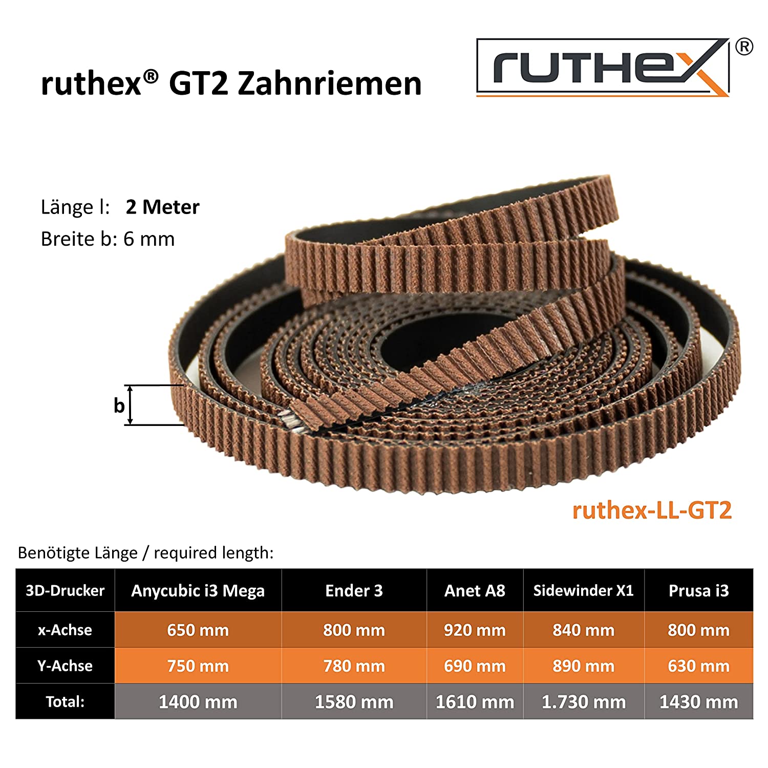 Curea de distributie ruthex GT2 2m x 6 mm, pentru imprimanta 3D Prusa i3 | Anet A8 A6 | Anycubic i3 Mega | Ender 3/5 | Sidewinder X1